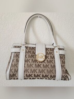 Michael Kors Cream & Brown MK Logo Satchel with Gold Hardware